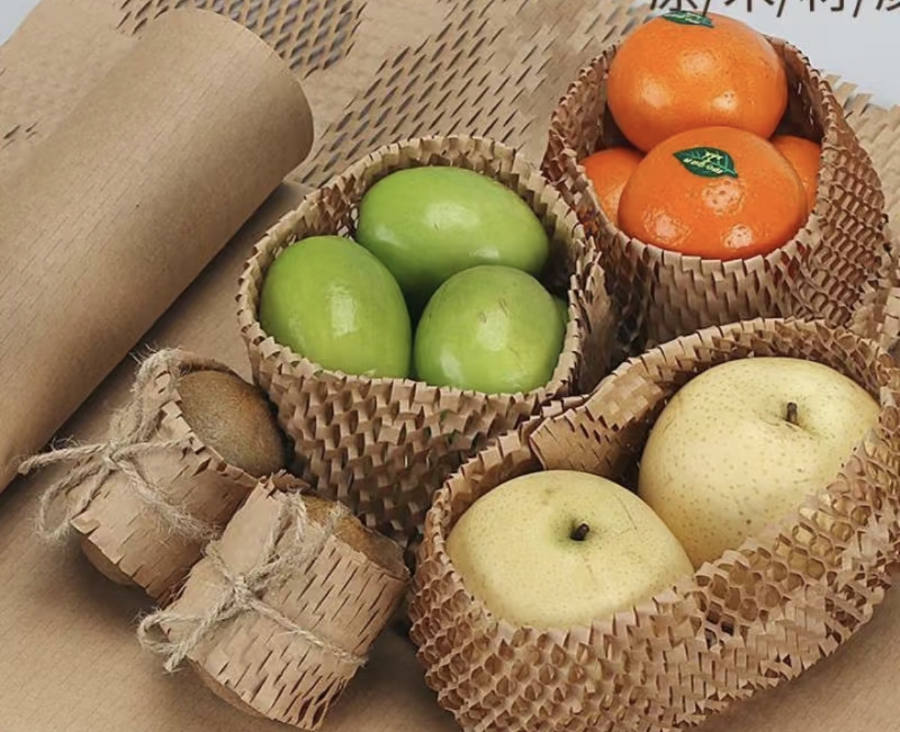 Honeycomb sleeves shown around fruit